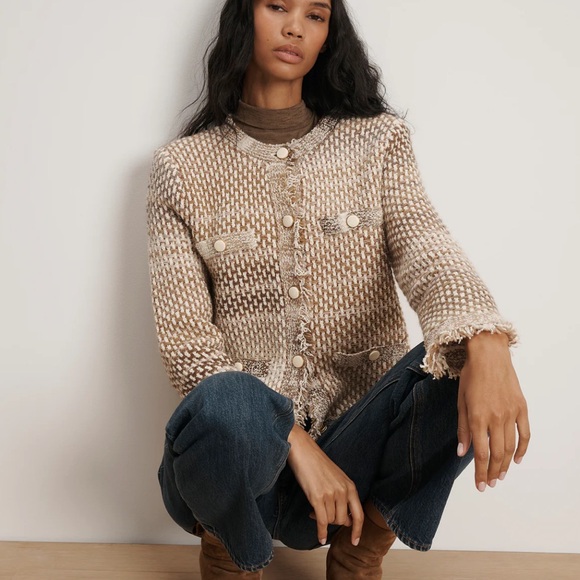 Veronica Beard Sariyah Knit Jacket Beige Tweed Collarless Cropped Jacket - Picture 1 of 7